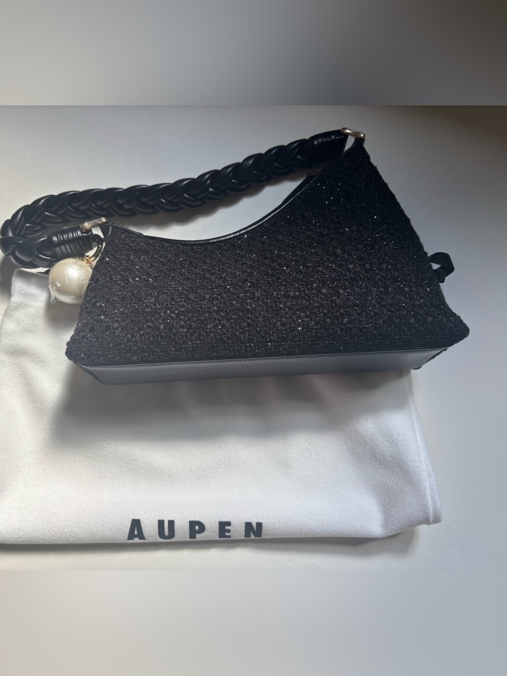 AUPEN Black Sparkle Mini Shoulder Bag with Braided Handle